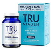 TRU NIAGEN 300mg blue bottle and box of nicotinamide riboside capsules for energy supporting NAD plus levels
